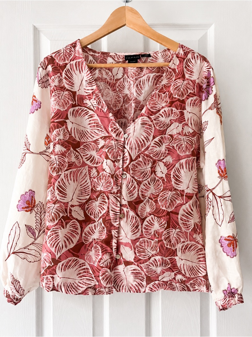 tahari • 100% Linen Tropical Leaf Print Blouse Large Boho Coastal Resort AOP - Picture 4 of 8